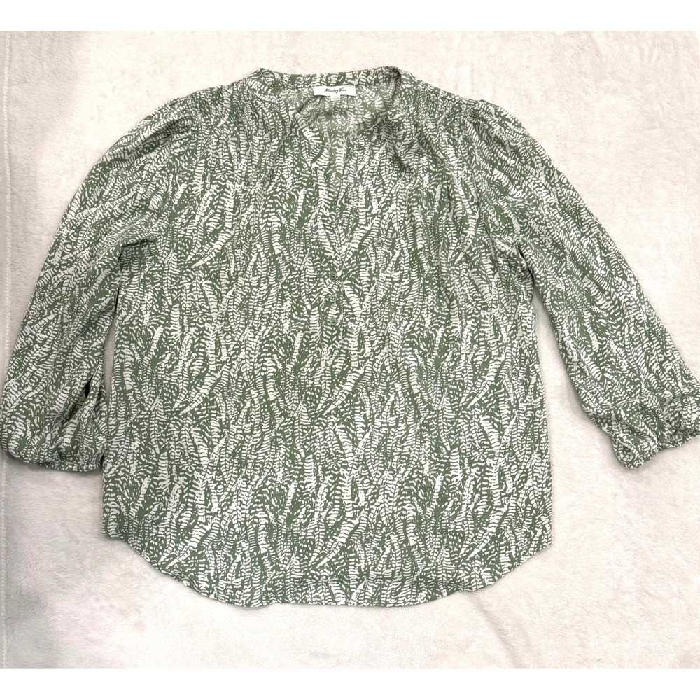 Monday Fun Green White Leaf‎ Print Split Neck Button Front Blouse FT66036S Large